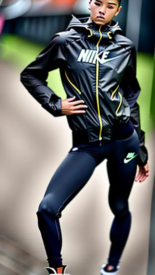 Prompt: Hot athletic girl warring a black Nike Windrunner jacket in strong winds  