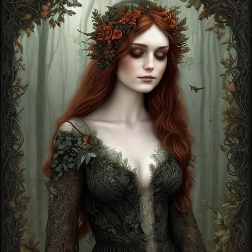 Prompt: "FOREST nymph, auburn hair, black leaves, lace dress, robin on shoulder, detailed, intricate, dark, christian schloe,"