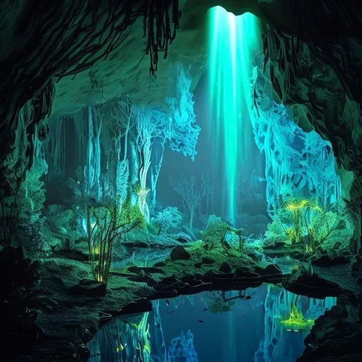Prompt: Underground cave, bioluminescent water, angel, trees,   