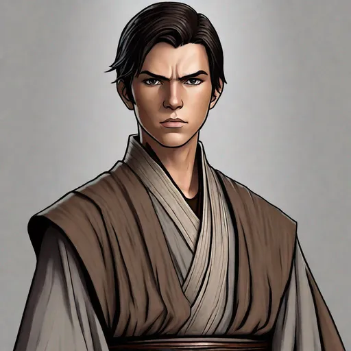 Prompt: Young male Jedi, Dark brown layered robes over grey tunic, layered robes, brown robes, short black hair pulled back, brown Jedi belt with small silver buckle, square chin, young man, detailed art, high quality texture, Star Wars character art, dark brown and grey Jedi robes, grey tunic, black vest, realistic lighting, studio lighting on face, detailed texture