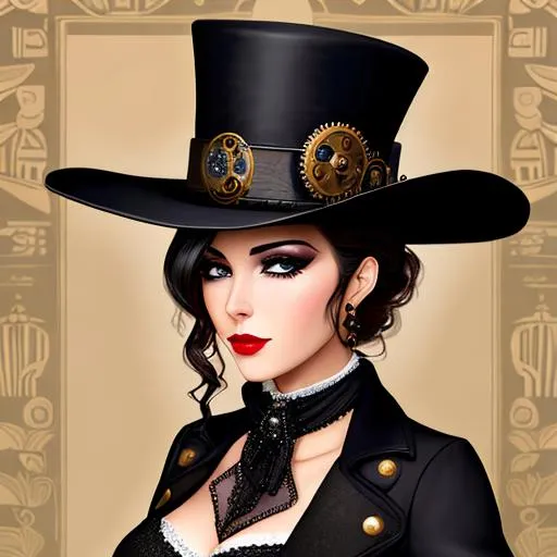 Prompt: steampunk female wearing a black tophat, heavy makeup