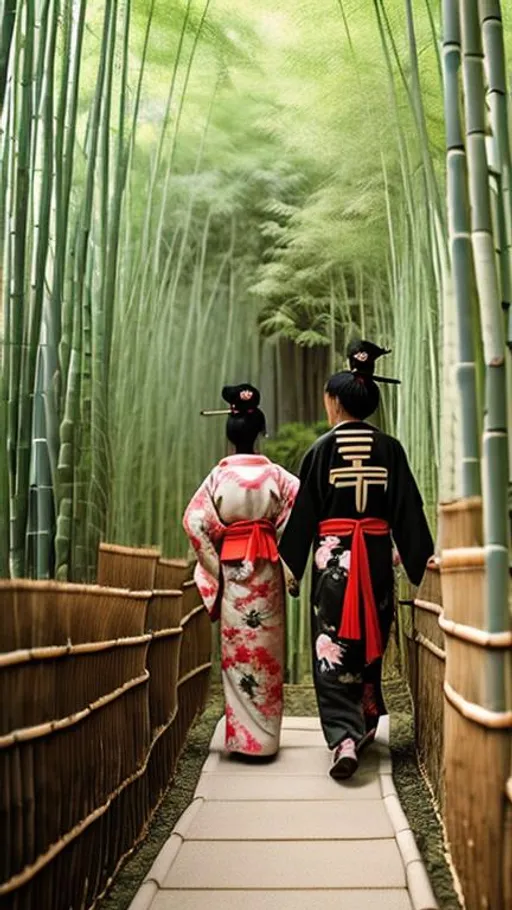 Samurai walking in the bamboo woods with a japanese... | OpenArt