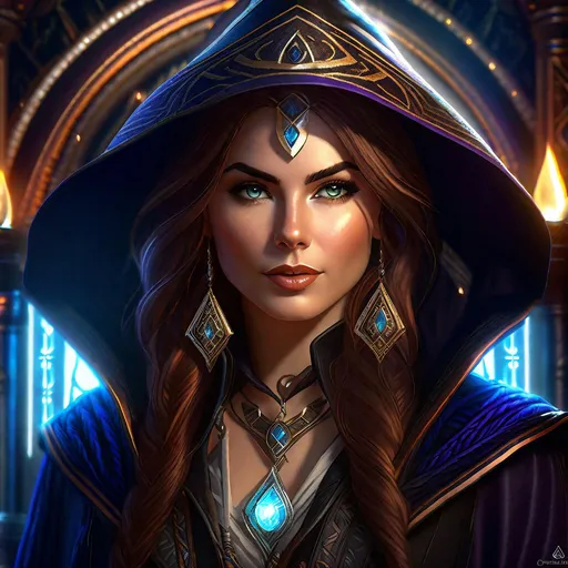 Prompt: Craft a high-resolution, professionally detailed portrait of a young sorceress in an Aetherpunk setting, highlighting her face and the intricate details of her surroundings, while utilizing realistic light effects to amplify the otherworldly mood.

The sorceress, central in the frame, should possess an air of intensity and allure. Her face should be a canvas of detailed emotion, capturing the strength, mystery, and determination inherent to her character. A captivating focus of the image should be her eyes, which should reflect the magical aether energy she wields.

Her attire and accessories should reflect the Aetherpunk aesthetics, an imaginative blend of arcane symbolism and steampunk-inspired gear. Detailed textures, colors, and materials, such as brass, leather, and glowing aether-infused elements, should be vividly portrayed to immerse the viewer in the Aetherpunk realm.

The background should be an intricate portrayal of an Aetherpunk world. Perhaps an arcane library filled with ancient scrolls and aether-powered machinery, or a magical cityscape bustling with airships and glowing aether conduits. The scene should be highly detailed, painting a vivid picture of the Aetherpunk universe.

Lighting plays a crucial role in this image. The glow of aether energy, whether from her magic, the surroundings, or both, should bathe the scene in a mystical light. This light should cast realistic highlights and shadows across the sorceress and her surroundings, emphasizing details and deepening the sense of three-dimensionality.

The resulting image should seamlessly blend the sorceress, her magical abilities, the Aetherpunk setting, and the realistic light effects into a narrative that captures the essence of this fantastical world, inspiring awe and curiosity in the viewer.