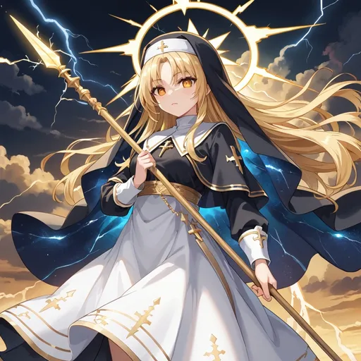 Prompt: (Nun), ethereal figure in a flowing (white dress), wielding a brilliant (golden spear), radiating a mesmerizing (golden aura), surrounded by a celestial (halo), enveloped in stunning (golden lightning ), set against a dramatic backdrop of soft clouds and heavenly light, in the thunder storm, evoking a sense of divine inspiration, ultra-detailed, cinematic quality, illuminating the scene in a warm, glorious glow. Black capelet, gold trim, gold flower print, blonde hair, electric, glowing golden eye, lifting spear