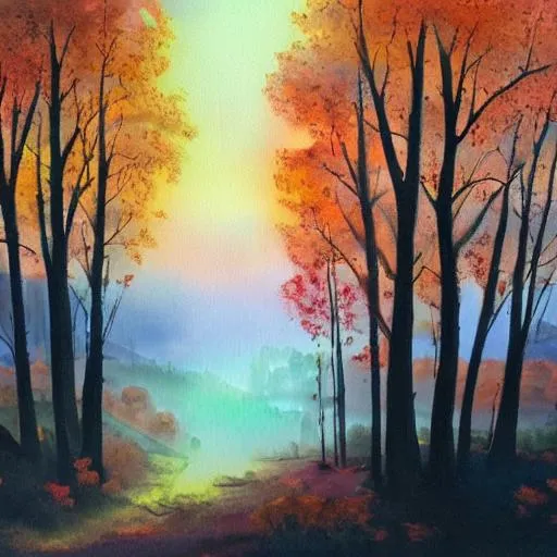 Prompt: morning dramatic landscape forest painting




