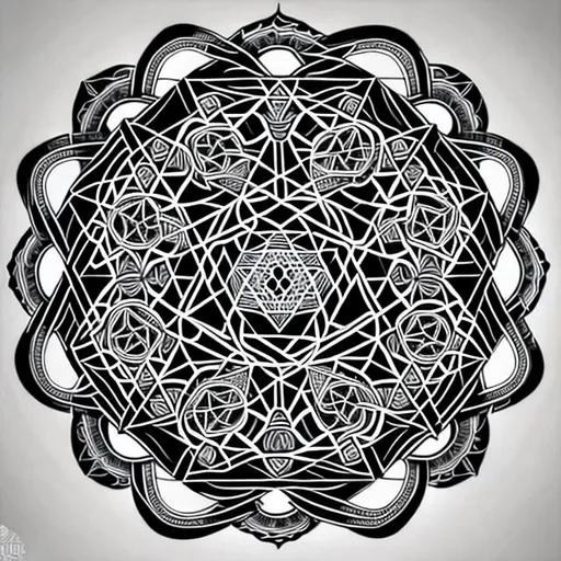 Prompt: Draw a Very complex, elaborate, symmetrical, black, mandala design with many geodesic shapes, bold lines, circles, and, points inter-twined on a white background