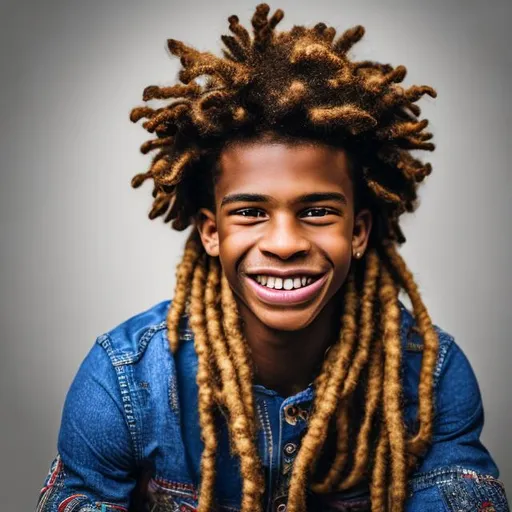 Prompt: Please create a professionally taken photograph (portrait), best quality, (8k, RAW photo, best quality, masterpiece:1.2), (realistic, photo-realistic:1.4), ultra-detailed, perfect detail. African lad, model, in mixed colored dreadlocks, smiling, perfect teeth, light reflections, angelic cute face, blue eyes