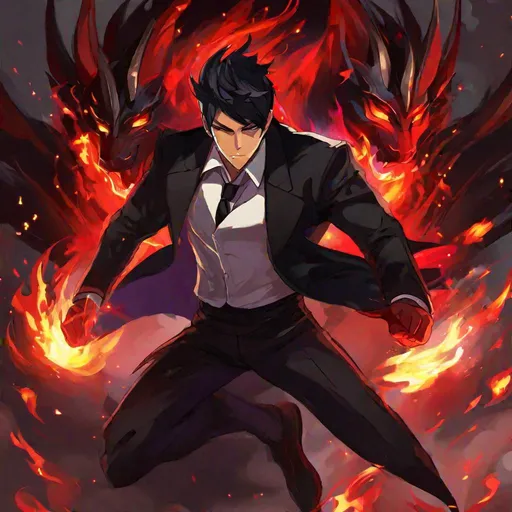 Prompt: Damien  (male, short black hair, red eyes) demon form, wearing a tuxedo, fighting, wearing a crown, angry, fire around him
