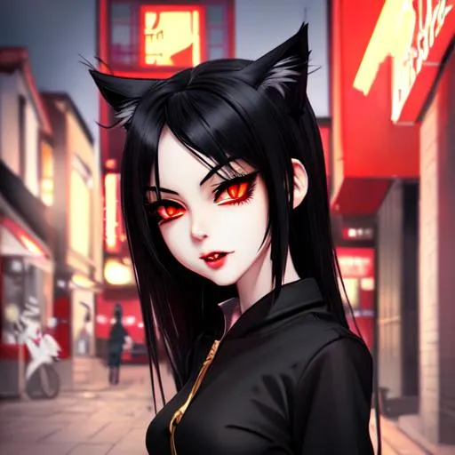 Beautiful anime girl with black hair and red eyes