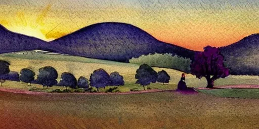 Prompt: 
A landscape watercolour painting showing a country scene with rolling hills in the background. Behind the hills, the sky has beautiful sunrise colours. A willow tree is in the mid-ground, with a woman standing beside it. She wears a purple dress.