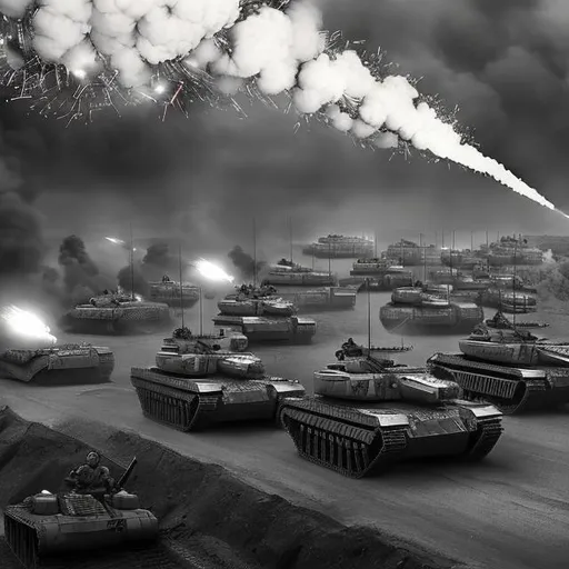 Prompt: A massive military advance with tanks leading the way and men following them. Tanks are firing while explosions light up the distance. Black and grey gloomy detailed uniforms.