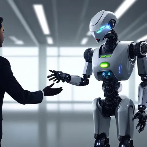 Prompt: visual of a robot touching an employee


