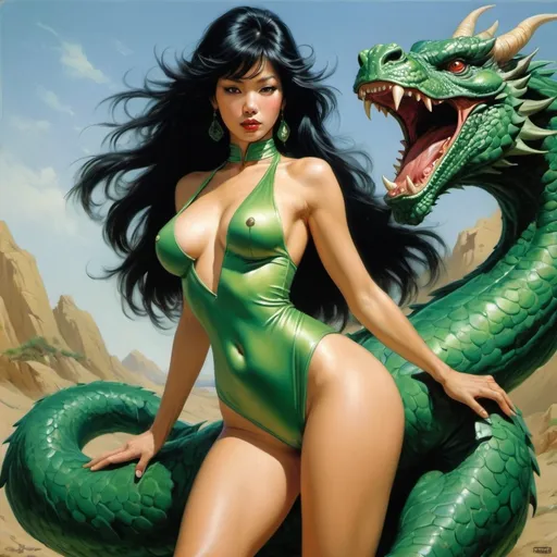 Prompt: chinesa linda; SEM ROUPA; PEITOS GRANDES; NUA; REALIDADE; MÁXIMA; SENSUAL; BORIS VALLEJO STYLE; POSE PROVOCATIVA; montada em um dragão verde