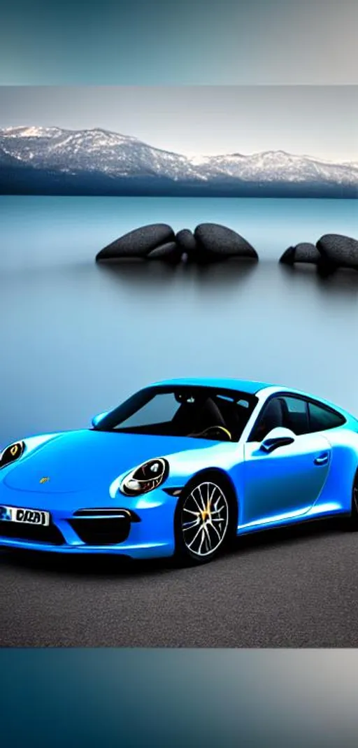 Prompt: photo porsche 911 in blue standing in dock, centred mist volumetric, cinimatic ligthing, octane render, 4k resolution, in front of lake tahoe