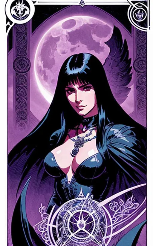 Prompt: tarot card + goddess Morrigan, portrait, vintage detailed sci-fi illustration designed by Marc Simonetti and Mike Mignola + pentagram + intricate Celtic ink illustration + symmetry