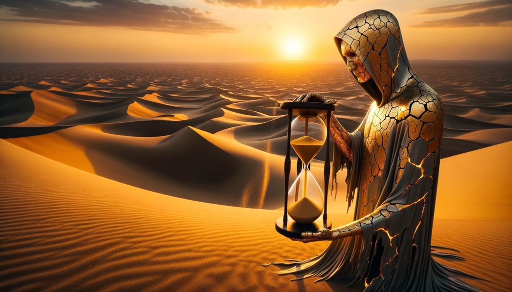 Prompt: Photo of a desert landscape at sunset, with golden sand dunes stretching out to the horizon. In the foreground, a figure resembling the Sandman stands, but with cracks running through his body, filled with shimmering gold, reminiscent of the kintsugi art technique. The Sandman holds an hourglass, with golden sands flowing through it, blending seamlessly with the desert environment.