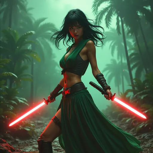 Prompt: Clad in a sleek, short-sleeved outfit of flowing green and grey robes that highlights her athletic frame as it flows, a young woman stands poised in a dramatic battle pose in a landscape, wielding a glowing red lightsaber in one hand, she reaches out with the other hand forward with a clenched fist. Her black hair is flowing, accentuating her fierce expression as she prepares for battle against the backdrop of a wet dark rain forest with tropical plants and palm trees that tower ominously. The atmosphere is charged, with swirling clouds and a green haze in the distance, casting a dramatic glow that enhances the tension of the scene. Overall, the image conveys a sense of empowerment and urgency, blending elements of fantasy and adventure as the figure exudes confidence in an otherworldly setting.