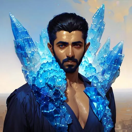 Prompt: an Arab man in yelow crystal geode,  eyes made of blue crystals, by artgerm, alessio albi, fabian perez, pino daeni, karol bak, cushart, wlop, craig mullins, peter mohrbacher, daniel f gerhartz, malcolm liepke