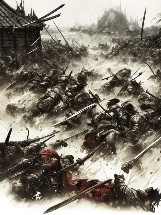 Prompt: drawn Rainy battlefield with dead samurais and knights with scattered loot