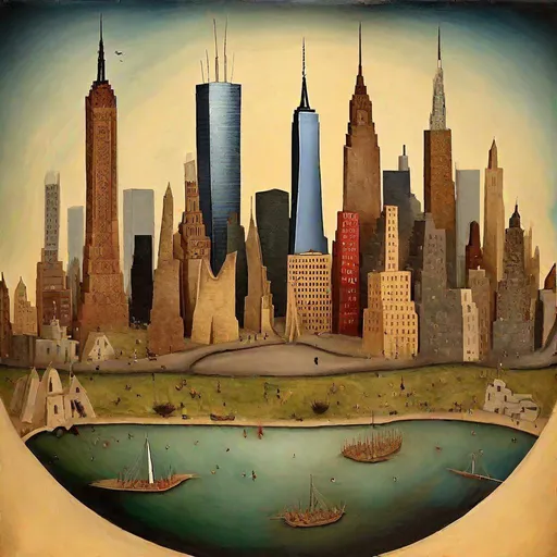 Prompt: Please create a painting of the Manhattan skyline in the style of Hieronymus Bosch
