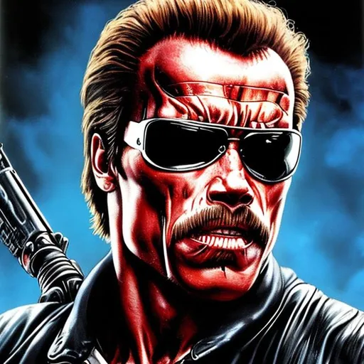 Prompt: the terminator with a thick mustache played by young arnold schwarzenegger with a thick mustache holding a shotgun in a photo-realistic style.
