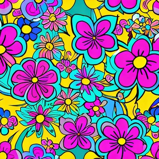 Prompt: Lisa Frank style illustration of floral pattern background, outlined