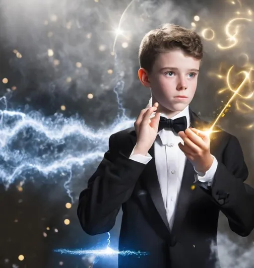 Prompt: 16 year old boy in a tuxedo casting casting a spell with a magic wand , and causing a ball of gold sparkling magic to go flying out of the tip of magic wand very fast