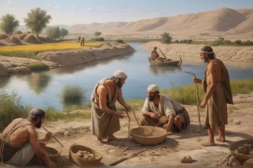 Prompt: historical old oil painting of a realistic scene of neolithic people discovering agriculture on the banks of the euphrates, high detail, uhd, 8k