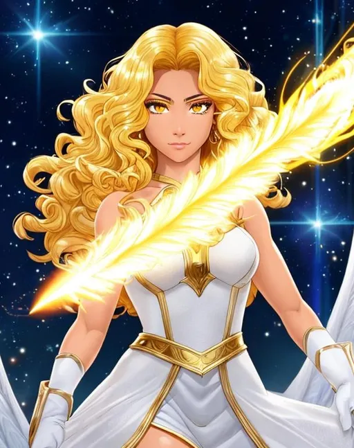 Prompt: A beautiful 15 year old ((Latina)) light elemental with light brown skin and a beautiful face. She has curly yellow hair and yellow eyebrows. She wears a beautiful white dress with gold. She has brightly glowing yellow eyes and white pupils. She wears a gold tiara. She has a yellow aura around her. She is using light magic in battle. Epic battle scene art. Full body art. {{{{high quality art}}}} ((goddess)). Illustration. Concept art. Symmetrical face. Digital. Perfectly drawn. A cool background.