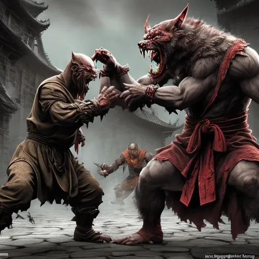 Prompt: Dark fantasy world, shaolin monks fighting werewolf, realistic, 4k