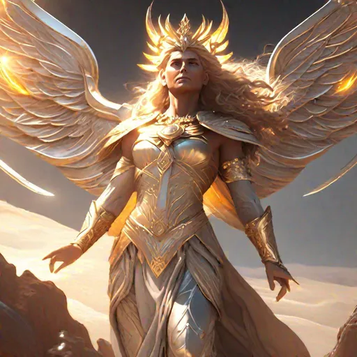 Prompt: full body, zoom out, hero landing, Androgynous god + immense detail + focused expression, solar deity,  full figure + Full HD render + immense detail + dramatic lighting + well lit, esoteric symbolism | ultra - detailed realism, soft cinematic lighting, crystal landscape ,high - quality, engraved | highly detailed |digital painting, artstation, concept art, smooth, sharp focus, Nostalgic, ethereal, nebula, 8k, hyper detailed, intricate detail, photorealistic