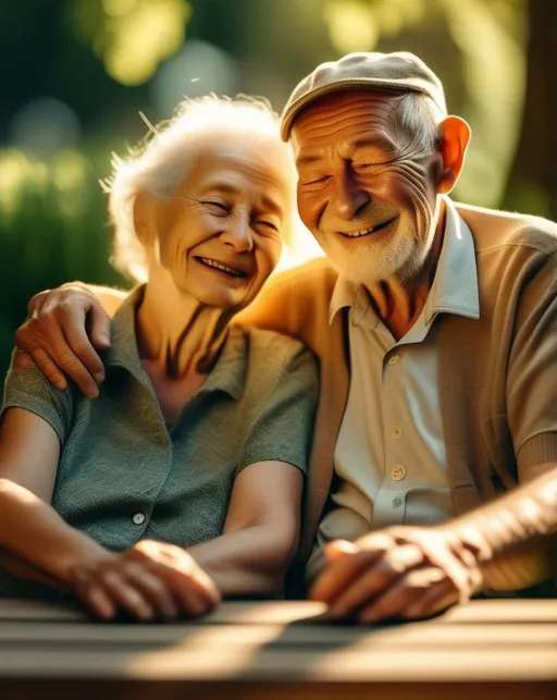 Prompt: A smiling elderly couple sits close together on a wooden bench surrounded by lush green nature. Wrinkled faces, Golden rays of sunshine light their faces. Shot on Fujifilm X-T4 with 56mm lens. Loving, nostalgic, heartwarming. ,(texture map) ,(normal map),(specular map) ,(displacement map)