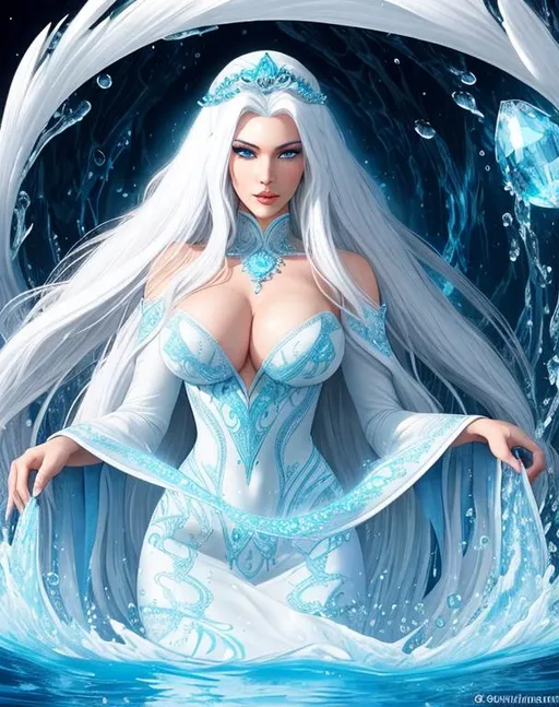Prompt: A beautiful 15 ft tall 30 year old ((British)) Water elemental Queen with light skin and a beautiful face. She has long white hair  and white eyebrows. She wears a beautiful slim blue dress. She has brightly glowing blue eyes and water droplet shaped pupils. She wears a blue tiara on her head. She has a blue aura around her. She is using blue water magic in battle against a giant space monster. Epic battle scene. Full body art. {{{{high quality art}}}} ((goddess)). Illustration. Concept art. Symmetrical face. Digital. Perfectly drawn. A cool background.