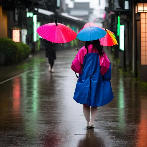 Prompt: A japanese girl holding an open re coloured umbrella on a rainy morning 