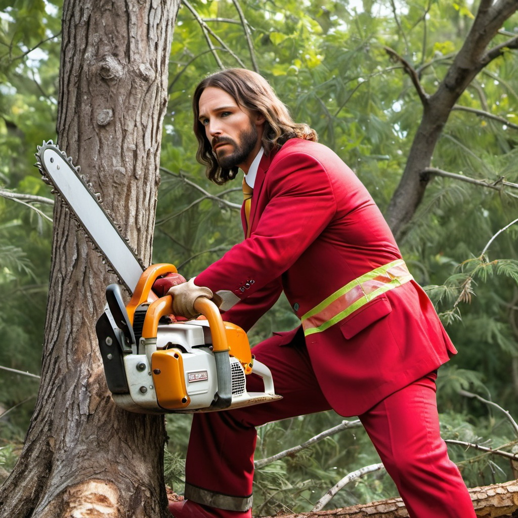 jesus on a white red tie suit cutting down a tree wi...