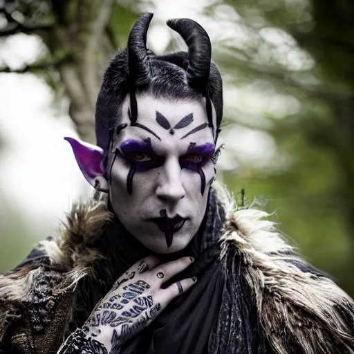 Prompt: half shot portrait of a male goth tiefling warlock covered in tattoos standing on a cliffside cemetery, heroic pose, wielding dark purple eldritch energy, pale skin and long dark hair, black eyes, dramatic lighting, UHD, dark fantasy, very clear face, long goat horns on head, wearing hooded brown leathers and metal grieves, grit, handsome, quality face,