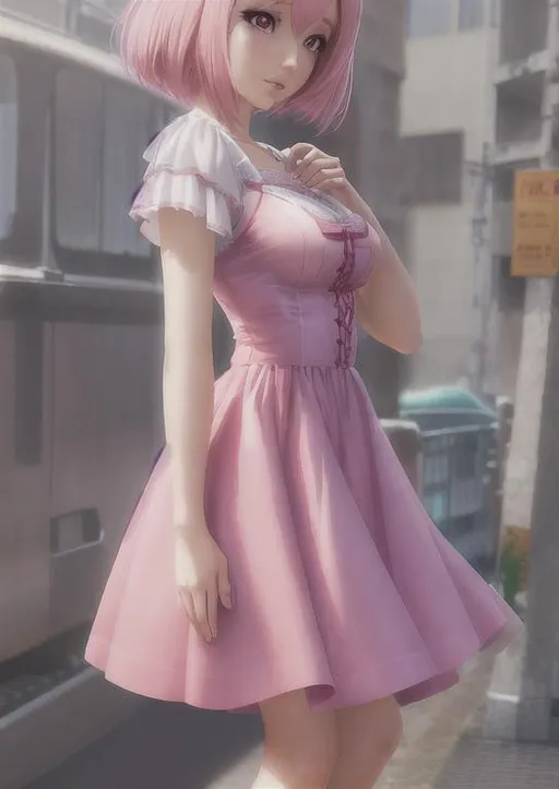 Prompt:  anime, 1woman, fix hair, pink hair, short hair, pink dress, highly detailed, digital painting, natural light, 3d render
