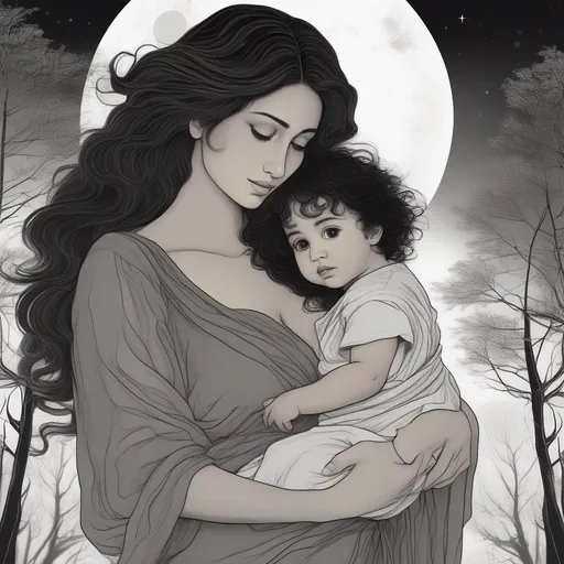 Prompt: highest quality anime art masterpiece, digital drawing, Azerbaijani woman with long black thick wavy messy hair:vistani, carrying a hairless newborn baby boy in her arms, round face, broad cheeks, sad in a forest on a dark foggy night, big brown eyes, tanned skin:2, waxing moon, huge long wide broad hooked greek aquiline algerian oriental arabic nose, flat chest, ethereal, jewelry set, highres, realistic, highly detailed, fantasy, gypsy, roma, D&D, Ravenloft, by Ilya Kuvshinov