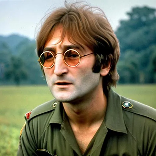 Prompt: John Lennon singing Vietnam War helicopters in the distance in the air photo realistic 