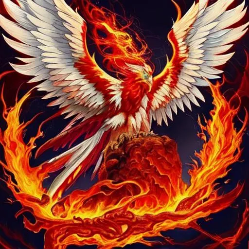 Prompt: Phoenix, giant bird, Angelic force, flames, magma, volcano, bleeding, blood, animalistic, demonic, draconic, ash