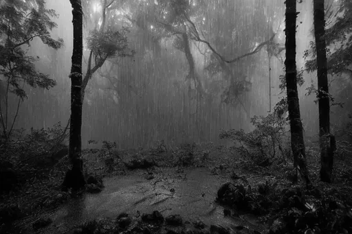 Prompt: The rain is coming down in sheets, obscuring the forest in a veil of gray. The wind is howling through the trees, creating a cacophony of sound. The only light comes from the occasional flash of lightning, which illuminates the forest for a brief moment before plunging it back into darkness.

The trees are dripping wet, and the ground is muddy and slippery. The air is thick with the smell of wet leaves and earth. The sound of the rain is deafening, and it is difficult to hear anything else.

The forest is eerily quiet, save for the sound of the rain. The animals have all gone to ground, seeking shelter from the storm. The only movement is the occasional gust of wind that shakes the trees.

It is a dark and stormy night, and the forest is a place of mystery and danger. It is a place where anything could happen, and where the imagination can run wild.

Here are some additional details that you can add to your description:

The rain is falling so hard that it is difficult to see more than a few feet in front of you.
The wind is so strong that it is blowing branches and leaves off the trees.
The ground is so muddy that it is difficult to walk without slipping.
The air is so cold that you can see your breath.
The sound of the rain is so loud that it is difficult to think.
The forest is so dark that you can barely see anything.
The animals are so scared that they are staying hidden.
You can also use your imagination to add more details to your description. What kind of trees are in the forest? What kind of animals live there? What kind of sounds do you hear besides the rain? What kind of smells do you smell?

The possibilities are endless. The important thing is to use your senses to create a vivid and atmospheric description of a rainy night in a forest.

Vibrant mystic colour 

A mediaeval castle wrapped by tree roots