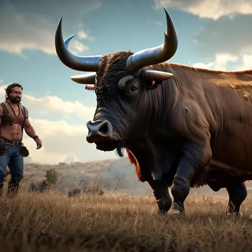 Prompt: A Spanish Fighting Bull mixed with a cape buffalo.
Realistic.
Cinematic smooth. 4k quality. In an open area with grass.
Super detailed. and a masterpiece.
super real looking.
Amazing.
beautiful.

