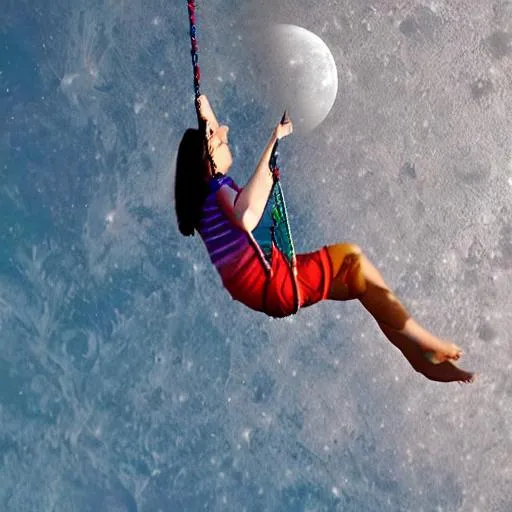 Prompt: Swinging on inverted rainbow and touching the moon with earth in the background 