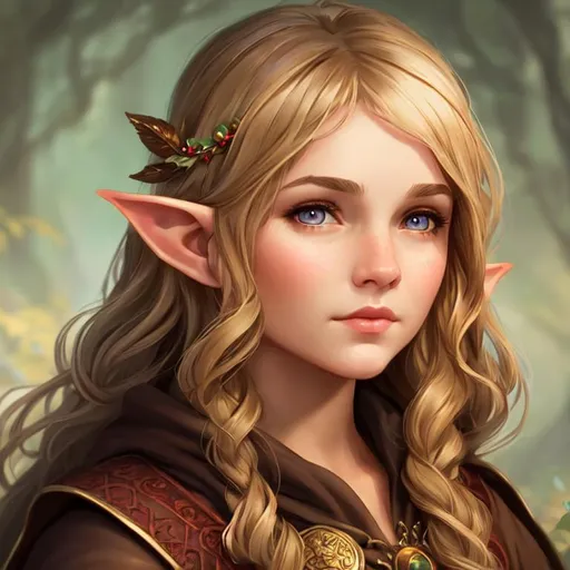 Prompt: 13 year old druid elf girl by Jodie Muir. Light brown slightly upturned, round eyes. Sandy blond hair. Light-skinned: cool undertones, rosy cheeks. Open, expressive facial features.
