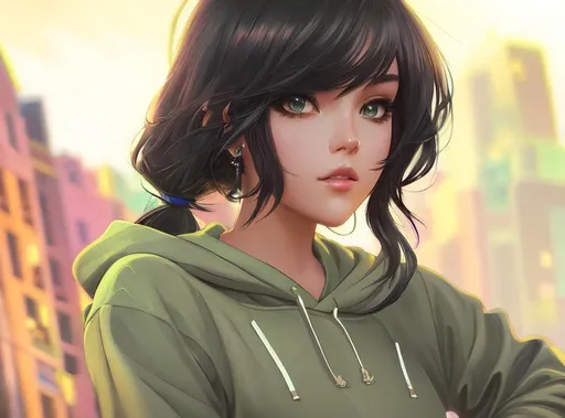 Prompt: illustration art, front, modern fashion, epic Instagram, artstation, hyperdetailed, unreal engine, modern anime anime style, complementary colors, 8k, deviantart masterpiece, oil painting, heavy strokes, young girl, black hair, green pearl eyes, hoodie, tight sleeve shirt