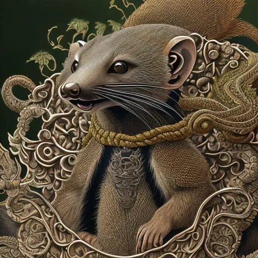 Prompt: Insanely Detailed Japanese Mon of a Mongoose, On a black Sash, Dark Green and Brown Color Scheme, Intricately Detailed, Hyperdetailed, Legend of the Five Rings, Hyperrealistic, 4K, 8K resolution, 3D shading, beautiful, Asian Aesthetic, L5R, Anciant Japanese