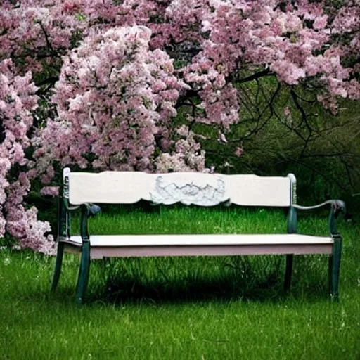 Prompt: impessionist the bench sorrouded by trees and flowers and millions of stars