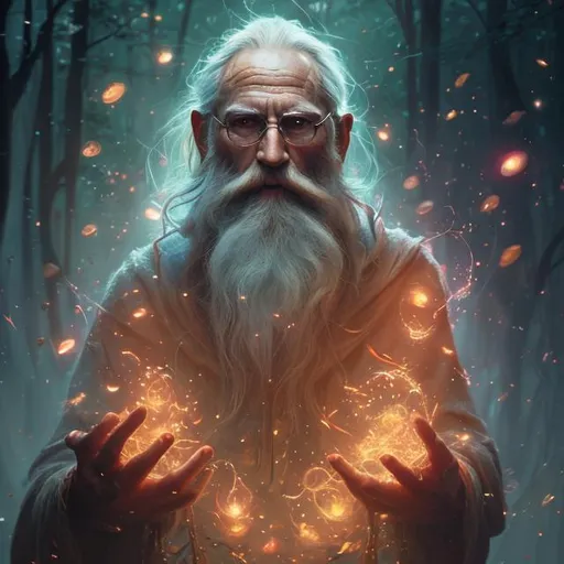 Prompt: Fantasy wizard, old man, long beard, particles, fireflies, greg rutkowski, vibrant colors, full hd, high quality, 4k, trending on artstation, oil painting, symmetrical, intricate, highly detailed
