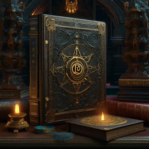 Prompt: "a forbidden filigree leathered Grimoire Book filled with spells and satanic hieroglyphs hovering above a dark magical Voodoo Shrine, hyperdetailed photoillustration photorealism van Gogh Cinema 4D Oil painting Huang Guanjian finalRender lifelike Greg Rutkowski ismail Inceoglu Todd McFarlane Gustave Doré 16K resolution Unreal Engine 5 3D shading Alphonse Mucha hyperrealism Dan Witz photorealism hyperdetailed"