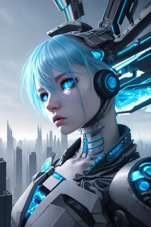 Prompt: A dramatic scene from above in a landscape, bio punk theme full frame, light blue silver material surreal, lighting cyber chaos city. girl photorealistic, action, blushes, unrealistically, heavy strokes, Splash art, HDR, UHD, 64K, best quality, vfx, Octange render